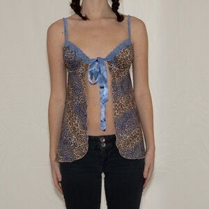 Y2k cheetah print lingerie top with blue ribbon size small jezebel
